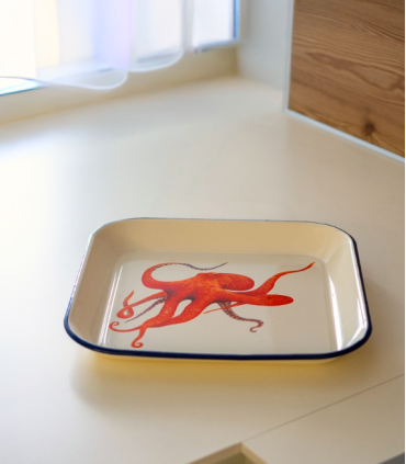 BANDEJA HOJALATA ESMALTADA PULPO 30X30CM