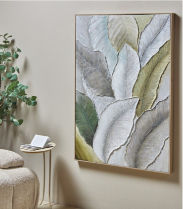 LIENZO HOJAS CONTORNO RELIEVE C/MARCO 90X120CM