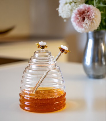 TARRO DE MIEL CON DECORACIONES VIDRIO 500ML