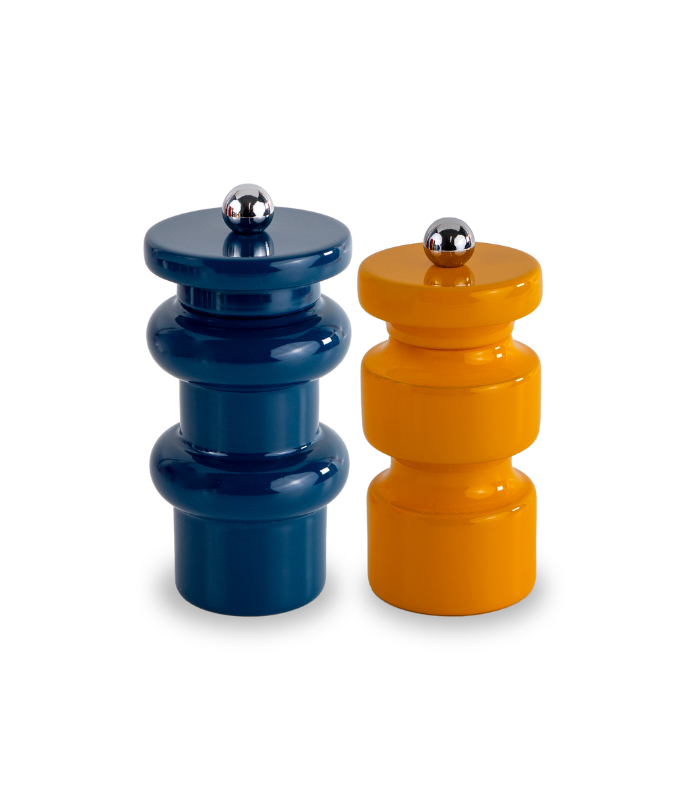 JUEGO 2 MOLINILLOS SAL Y PIMIENTA MADERA LACADA AZUL Y AMARILLO
