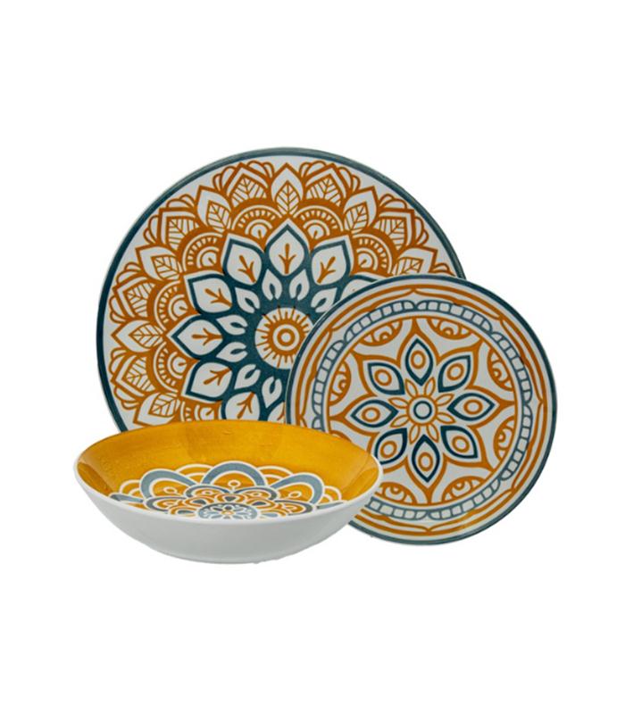 VAJILLA 18PZS. PORCELANA MANDALA AMARILLO