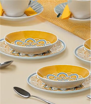 VAJILLA 18PZS. PORCELANA MANDALA AMARILLO