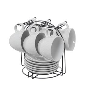 JGO. 6 TAZAS TE C/PLATO CERAMICA BLANCA C/SOPORTE METAL NEGRO