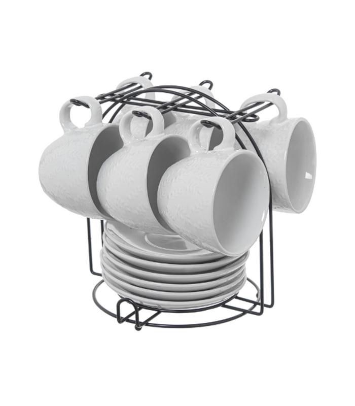JGO. 6 TAZAS TE C/PLATO CERAMICA BLANCA C/SOPORTE METAL NEGRO