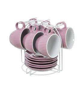 JGO. 6 TAZAS TE C/PLATO ROSA C/SOPORTE METAL BLANCO