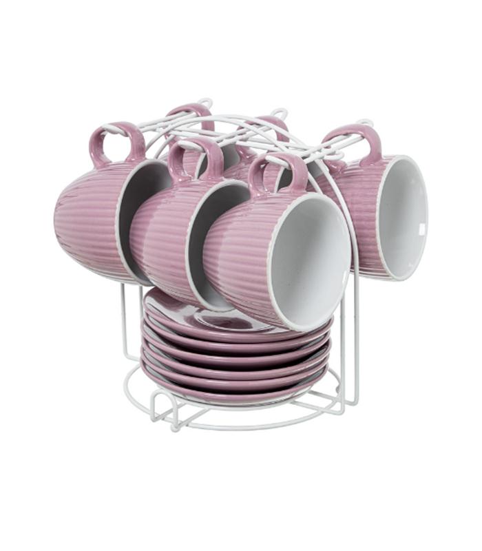 JGO. 6 TAZAS TE C/PLATO ROSA C/SOPORTE METAL BLANCO