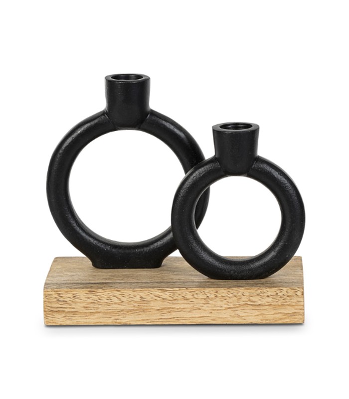 PORTAVELAS METAL NEGRO BASE MADERA