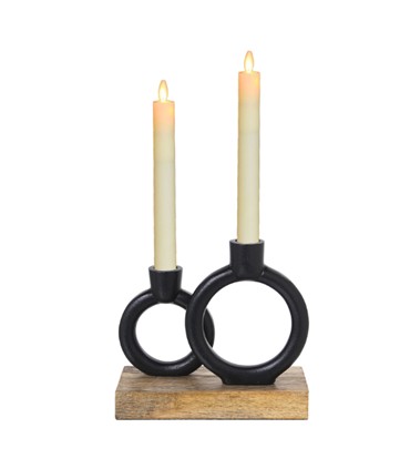 PORTAVELAS METAL NEGRO BASE MADERA