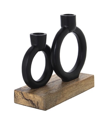 PORTAVELAS METAL NEGRO BASE MADERA