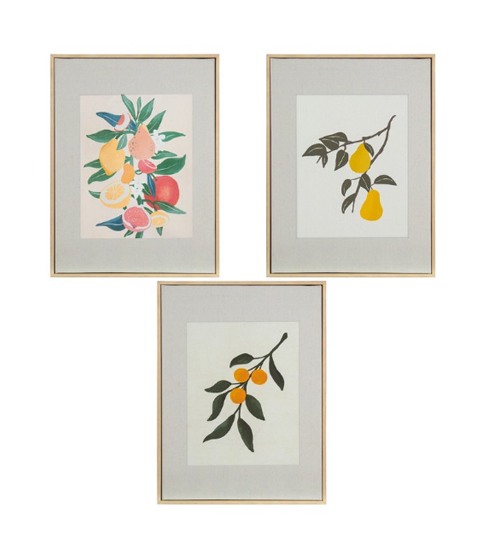 TRIO CUADROS LIENZO PLANTAS MARCO MADERA NATURAL